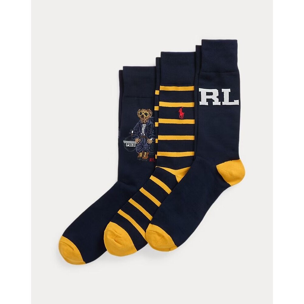 POLO RALPH LAUREN Crew Dress Socks Mens Navy Polo Bear Stripe Logo Gift Box
